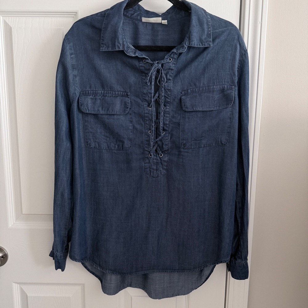 RD Style Lace Up Tunic Women Size L Blue Chambray Western Coastal Cowgirl Boho